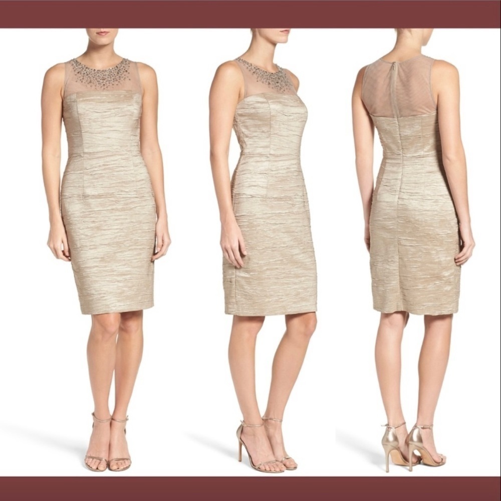 Eliza J Jewel Embellished Illusion Metallic Sheath Sleeveless Dress Taupe Sz 6